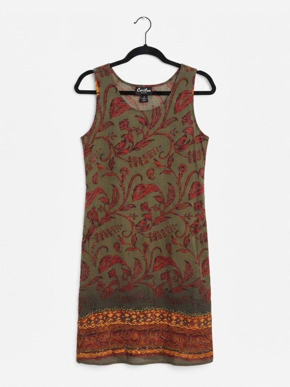 Caribou New York Olive & Red Floral Sleeveless Dress Size Medium